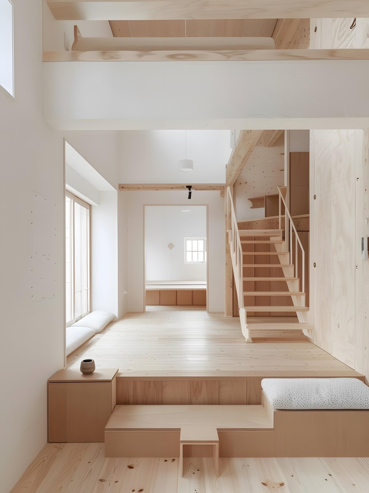 マンションの一室を改修した、白い壁と階段状の棚がある居間。イメージ写真です。