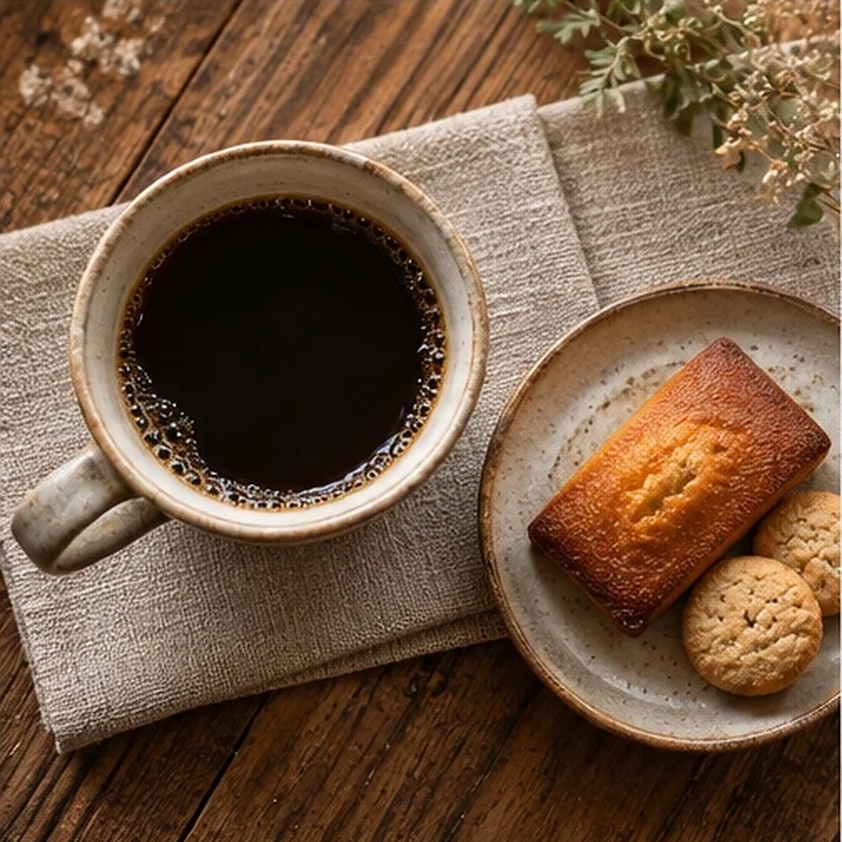 陶器のカップに入ったコーヒーと焼き菓子のイメージ写真