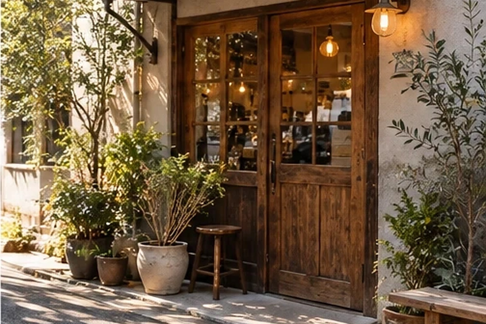 木の扉と植木鉢のある小さな店の外観のイメージ写真