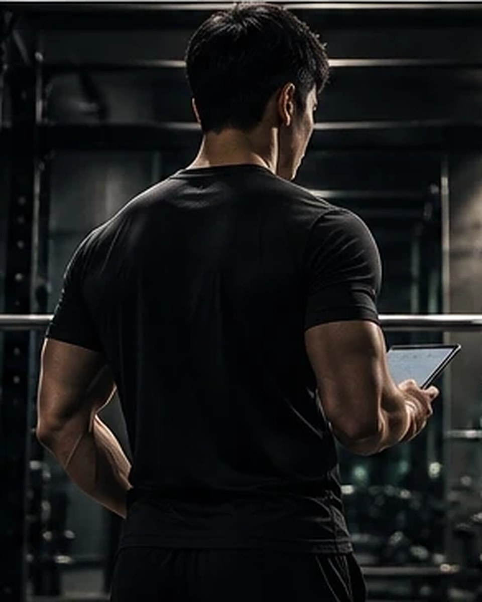 トレーニングウェアを着た男性トレーナーの後ろ姿。イメージ画像です。
