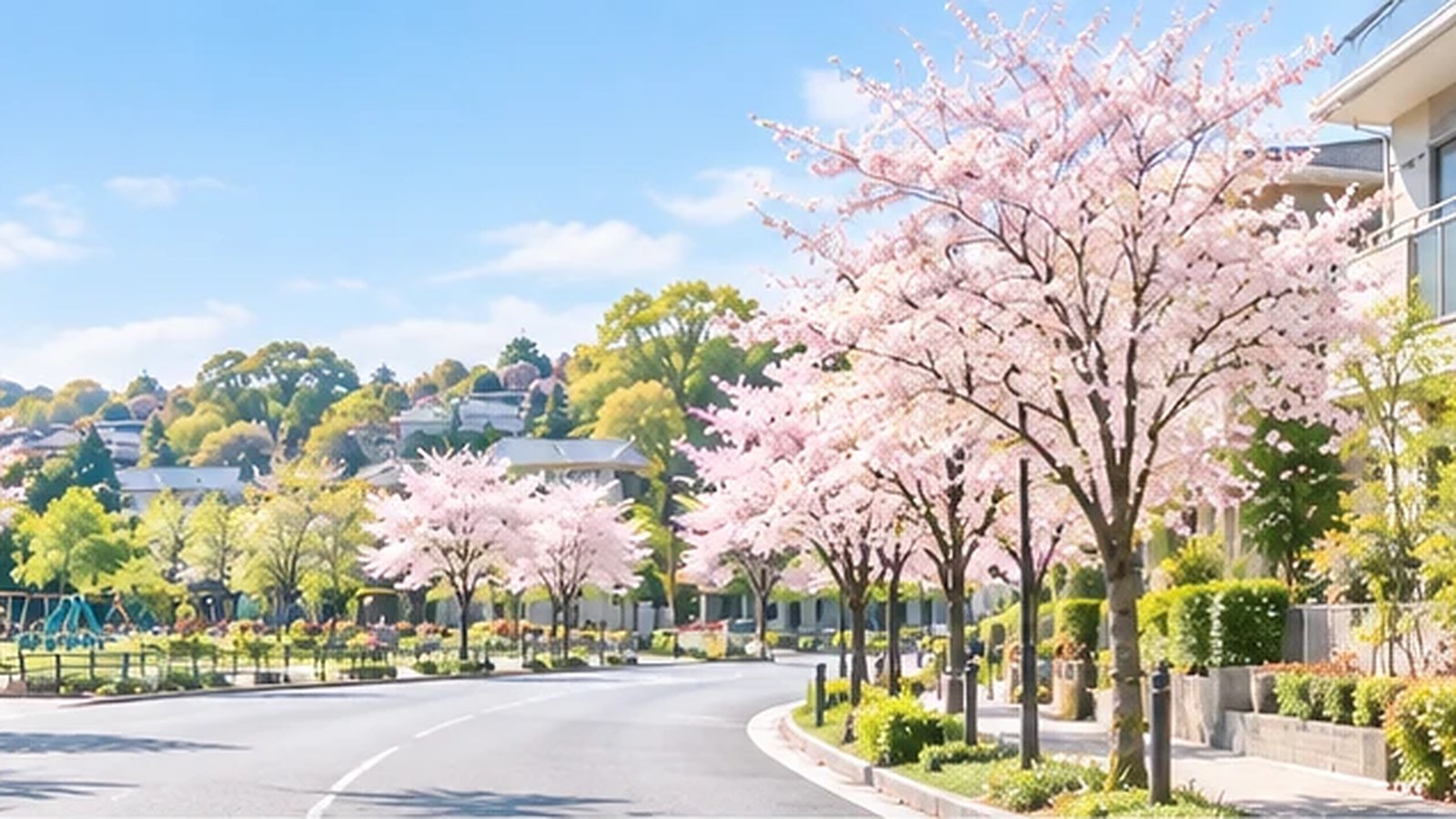桜並木のある住宅街の街並み。イメージ写真です。