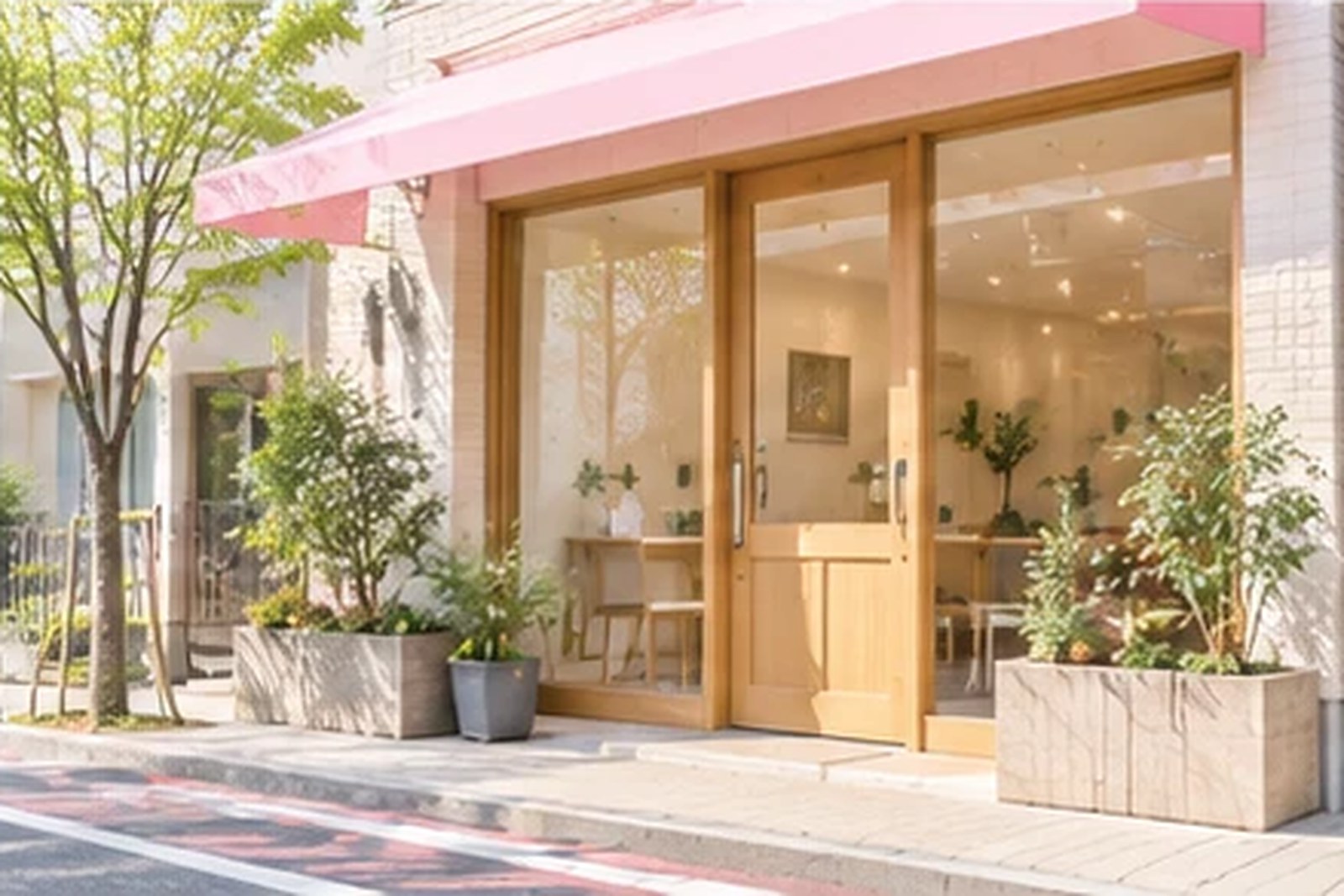 植栽のある明るい店舗の入口。イメージ写真です。