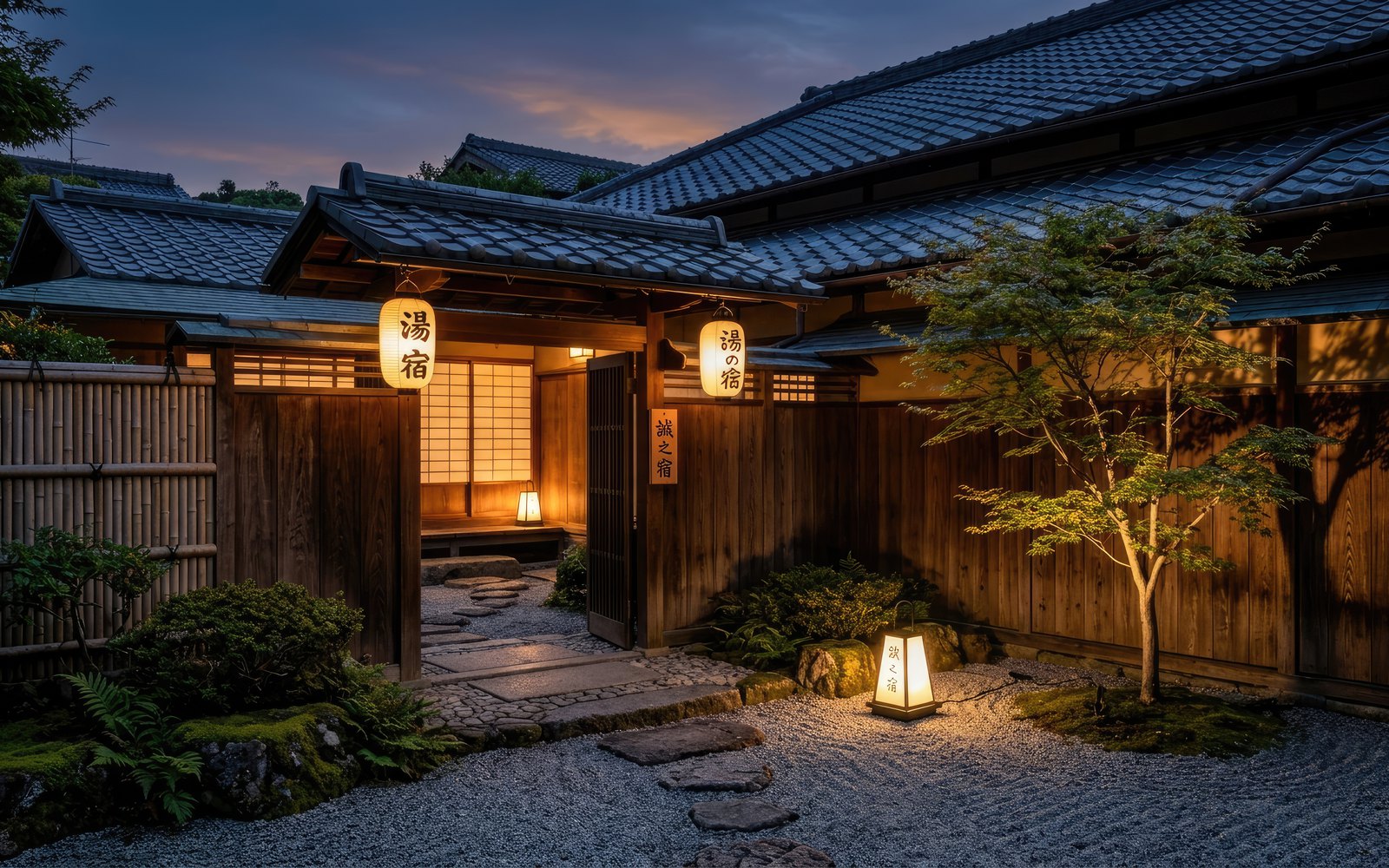 夕暮れの山あいに湯けむりが立ちのぼる旅館の露天風呂。イメージ写真です。