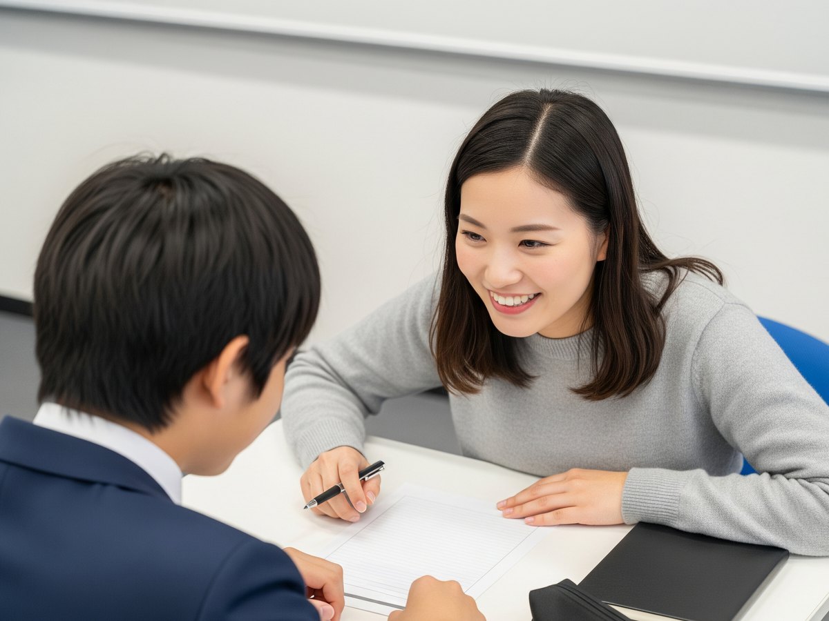 講師が生徒のノートを見ながら、つまずいた箇所を説明している様子。イメージ写真です。
